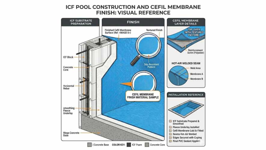 ICF Pool Construction and Cefil Membrane Finish: Visual Reference
